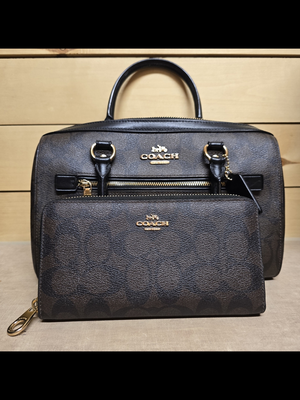 Coach Brown and Black Signature Satchel with Zip Wallet